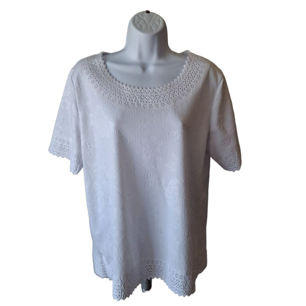 Chances R Womens Blouse L White Floral Eyelet Short Sleeve Textured Minimalist